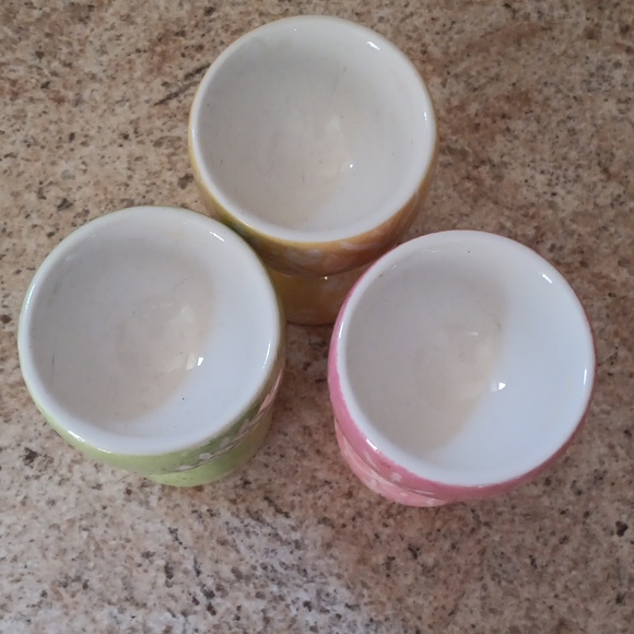 Pottery Barn Set of 3 Decorative Ceramic Egg Cups - Green, Yellow, Pink - Picture 2 of 3